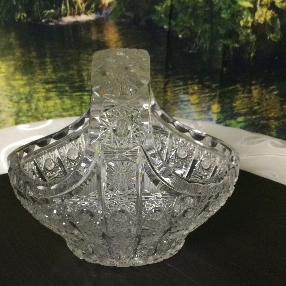 Vintage Bohemian Lead Cut Crystal Clear Glass Basket